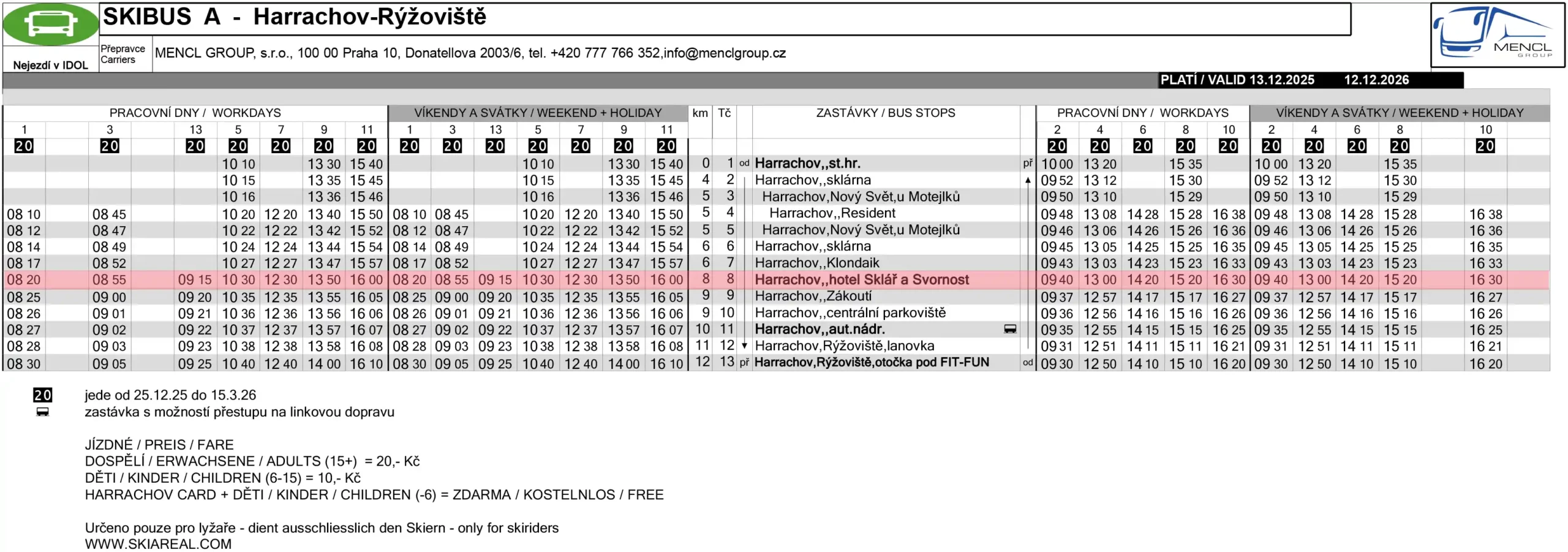 Skibus Harrachov - jízdní řád